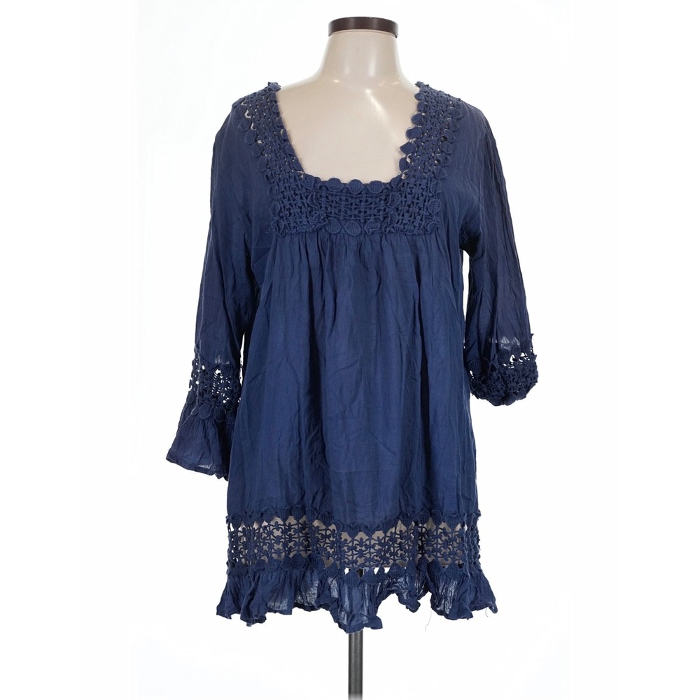 (CL) Cute Options Navy Blue Cotton Crochet Lace Tunic Top XL Boho Bell Sleeve